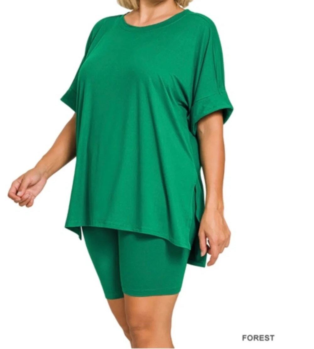 Brushed dty microfiber top & biker shorts set- Forest Green 2X